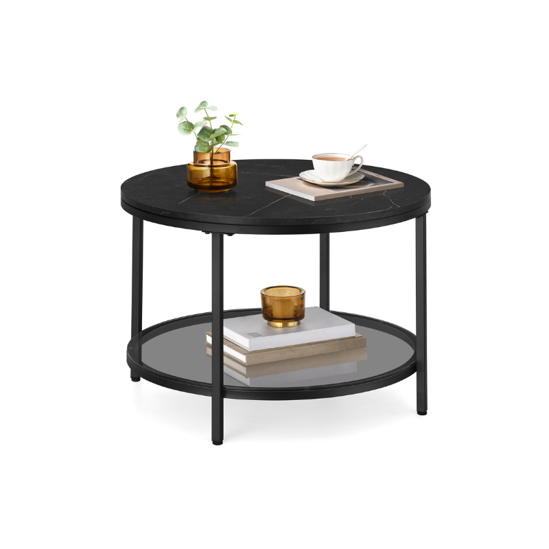 Round Coffee Table | Faux Marble Top With Glass Shelf