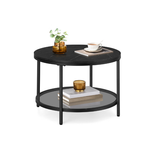 Round Coffee Table | Faux Marble Top With Glass Shelf