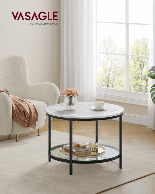 Round Coffee Table | Faux Marble Top With Glass Shelf