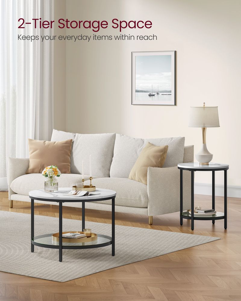 Round Coffee Table | Faux Marble Top With Glass Shelf
