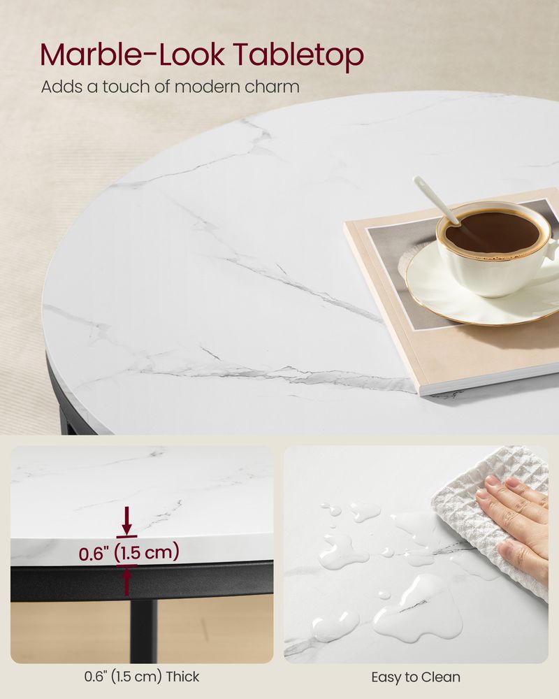 Round Coffee Table | Faux Marble Top With Glass Shelf