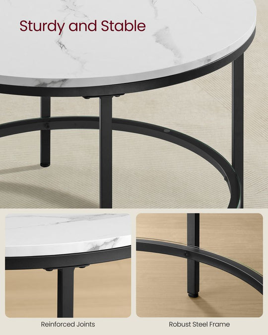 Round Coffee Table | Faux Marble Top With Glass Shelf