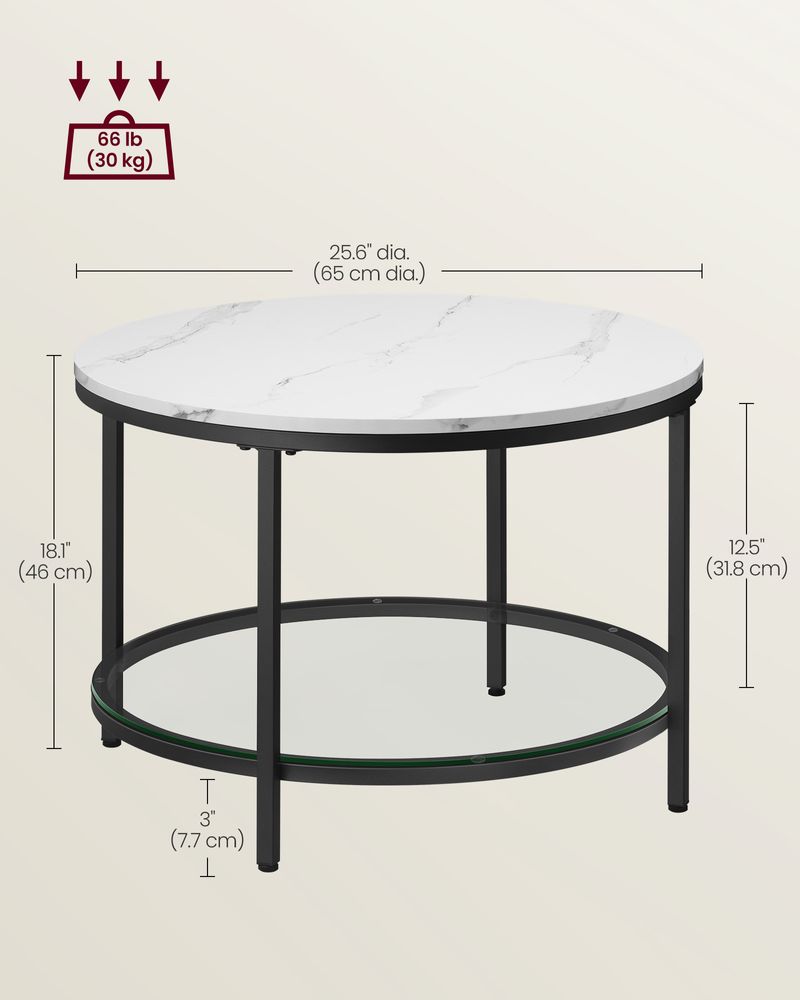 Round Coffee Table | Faux Marble Top With Glass Shelf