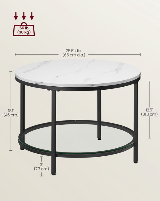 Round Coffee Table | Faux Marble Top With Glass Shelf