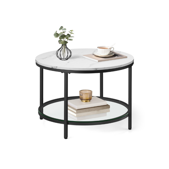 Round Coffee Table | Faux Marble Top With Glass Shelf