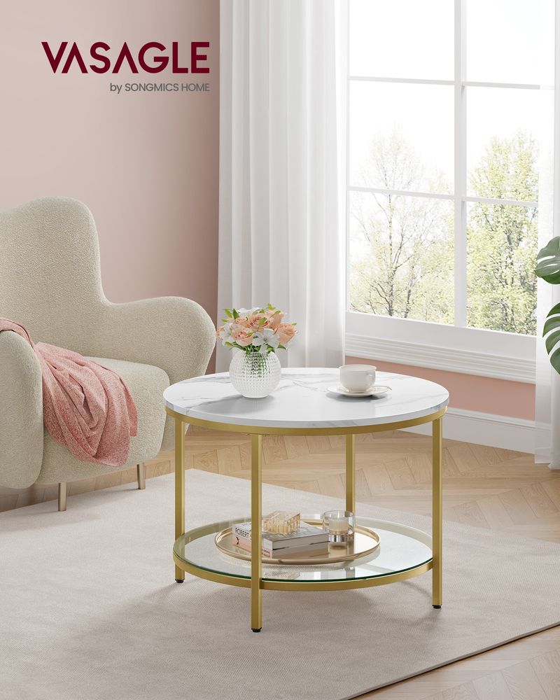 Round Coffee Table | Faux Marble Top With Glass Shelf