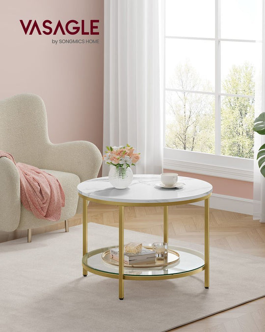 Round Coffee Table | Faux Marble Top With Glass Shelf