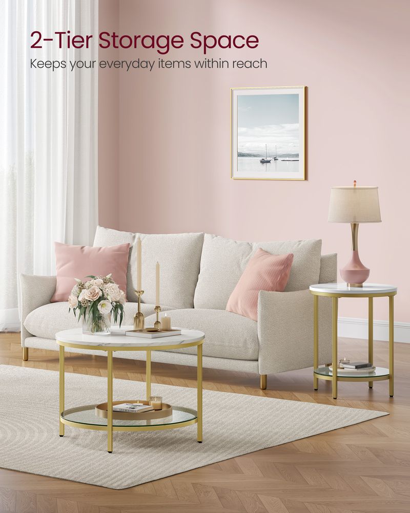 Round Coffee Table | Faux Marble Top With Glass Shelf