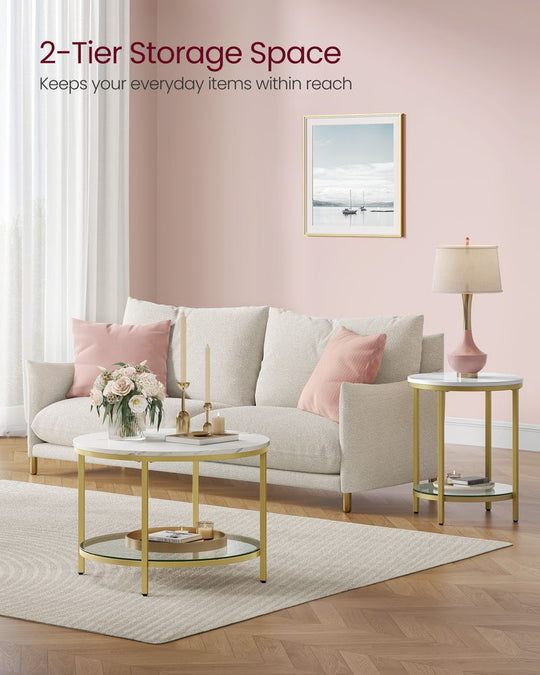 Round Coffee Table | Faux Marble Top With Glass Shelf