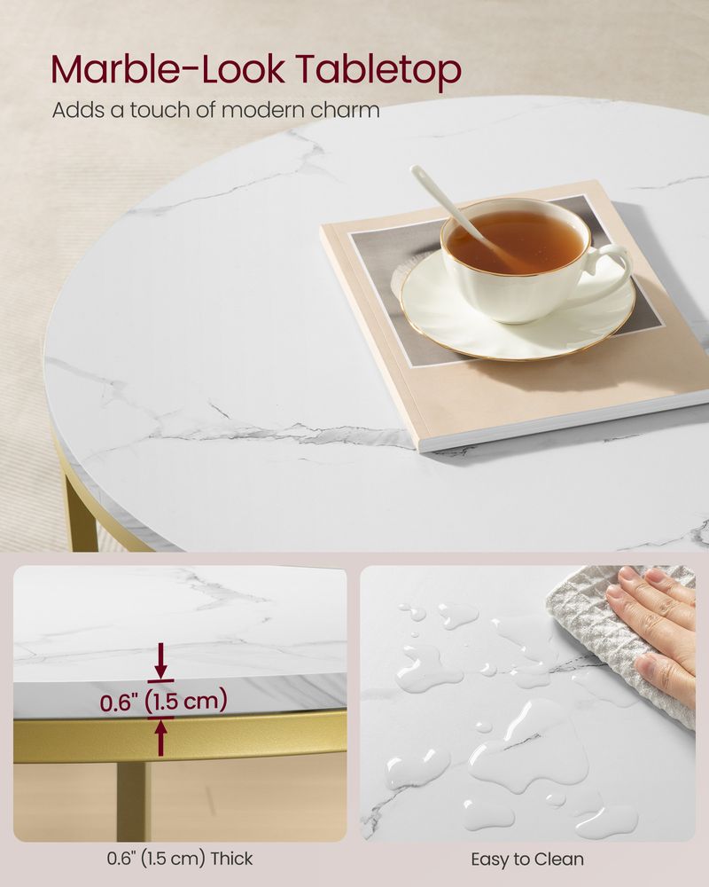 Round Coffee Table | Faux Marble Top With Glass Shelf
