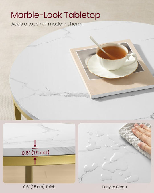 Round Coffee Table | Faux Marble Top With Glass Shelf