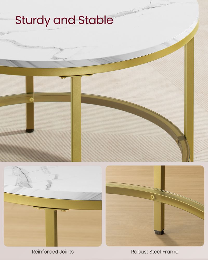 Round Coffee Table | Faux Marble Top With Glass Shelf