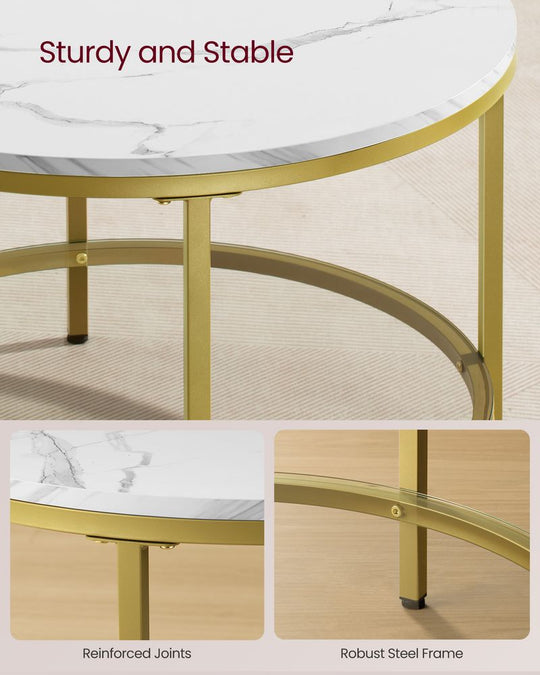 Round Coffee Table | Faux Marble Top With Glass Shelf