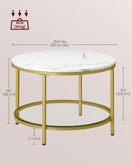 Round Coffee Table | Faux Marble Top With Glass Shelf