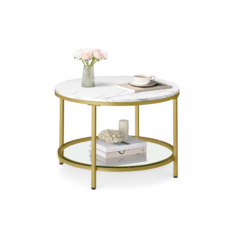 Round Coffee Table | Faux Marble Top With Glass Shelf