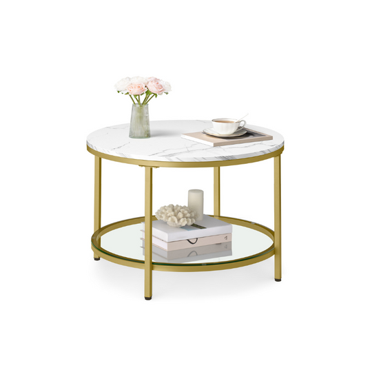 Round Coffee Table | Faux Marble Top With Glass Shelf