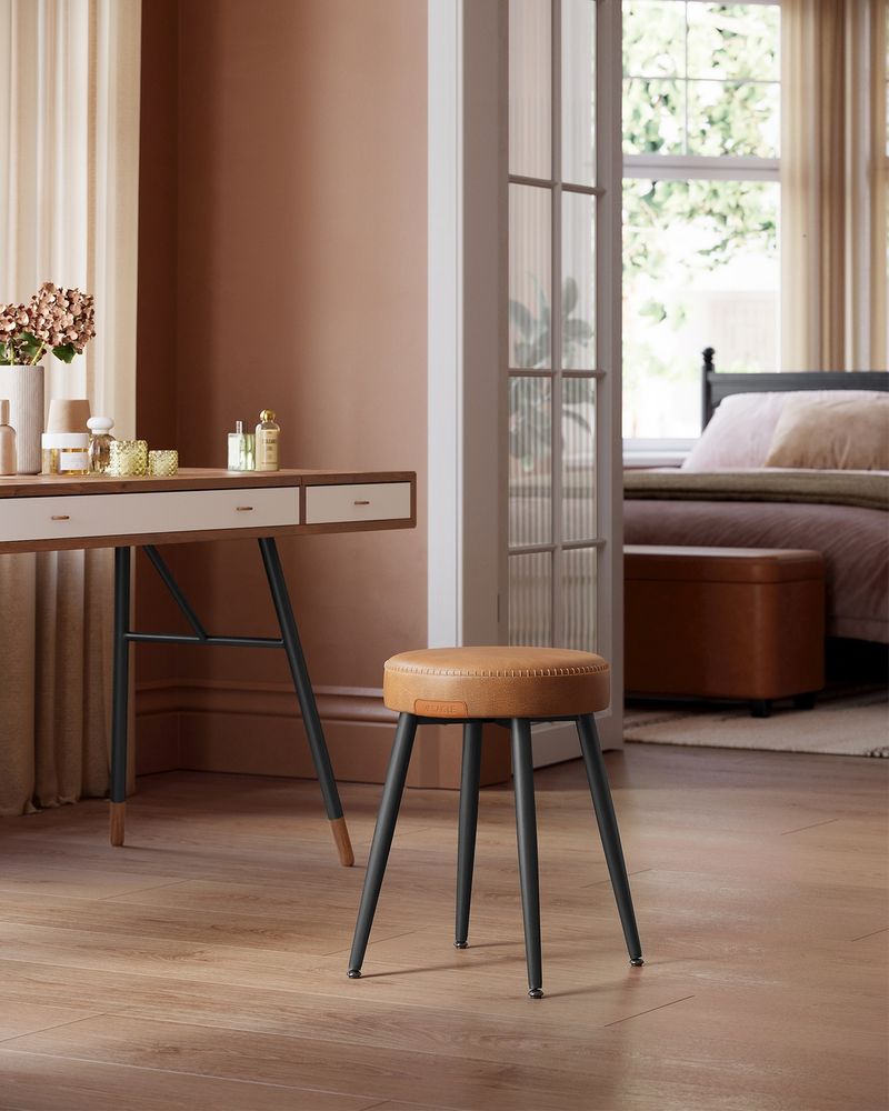 Round Dining Stool | Padded Faux Leather Seat With Metal Legs