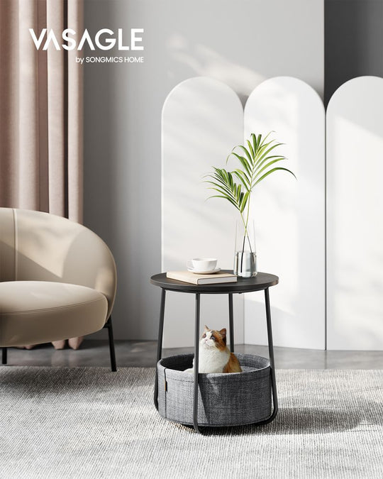 Round Nightstand | Metal Frame Side Table With Fabric Basket