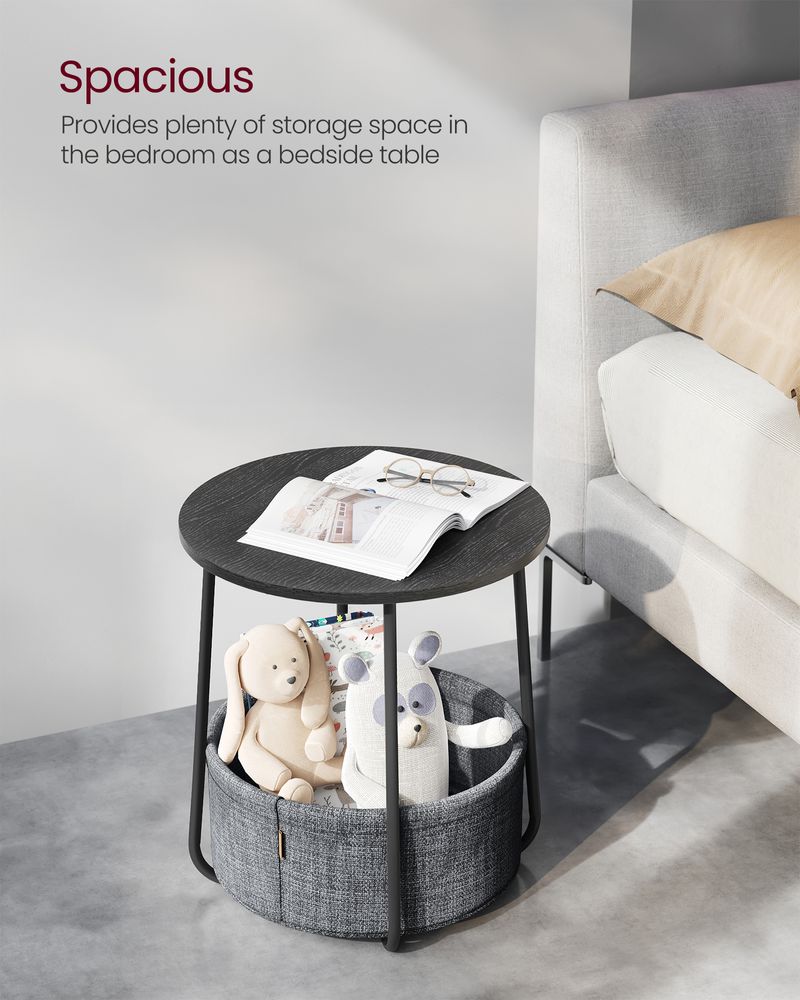 Round Nightstand | Metal Frame Side Table With Fabric Basket