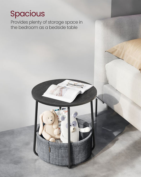 Round Nightstand | Metal Frame Side Table With Fabric Basket