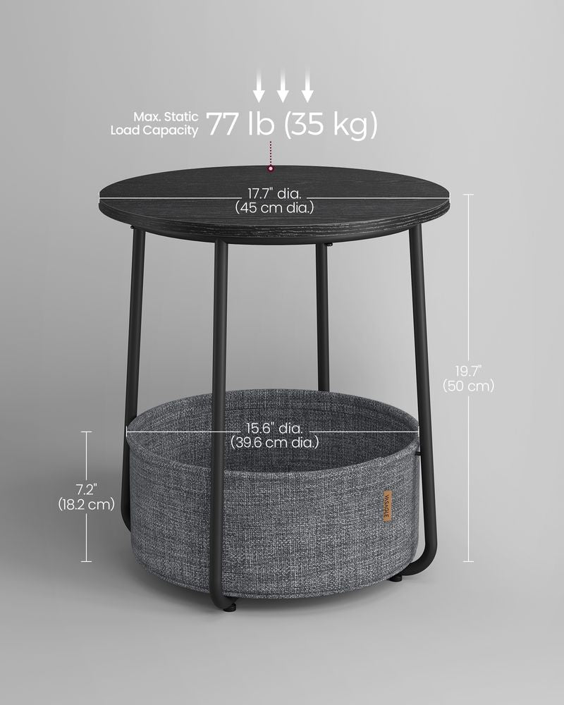 Round Nightstand | Metal Frame Side Table With Fabric Basket