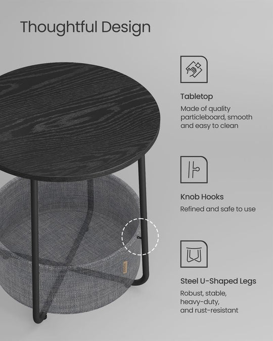 Round Nightstand | Metal Frame Side Table With Fabric Basket
