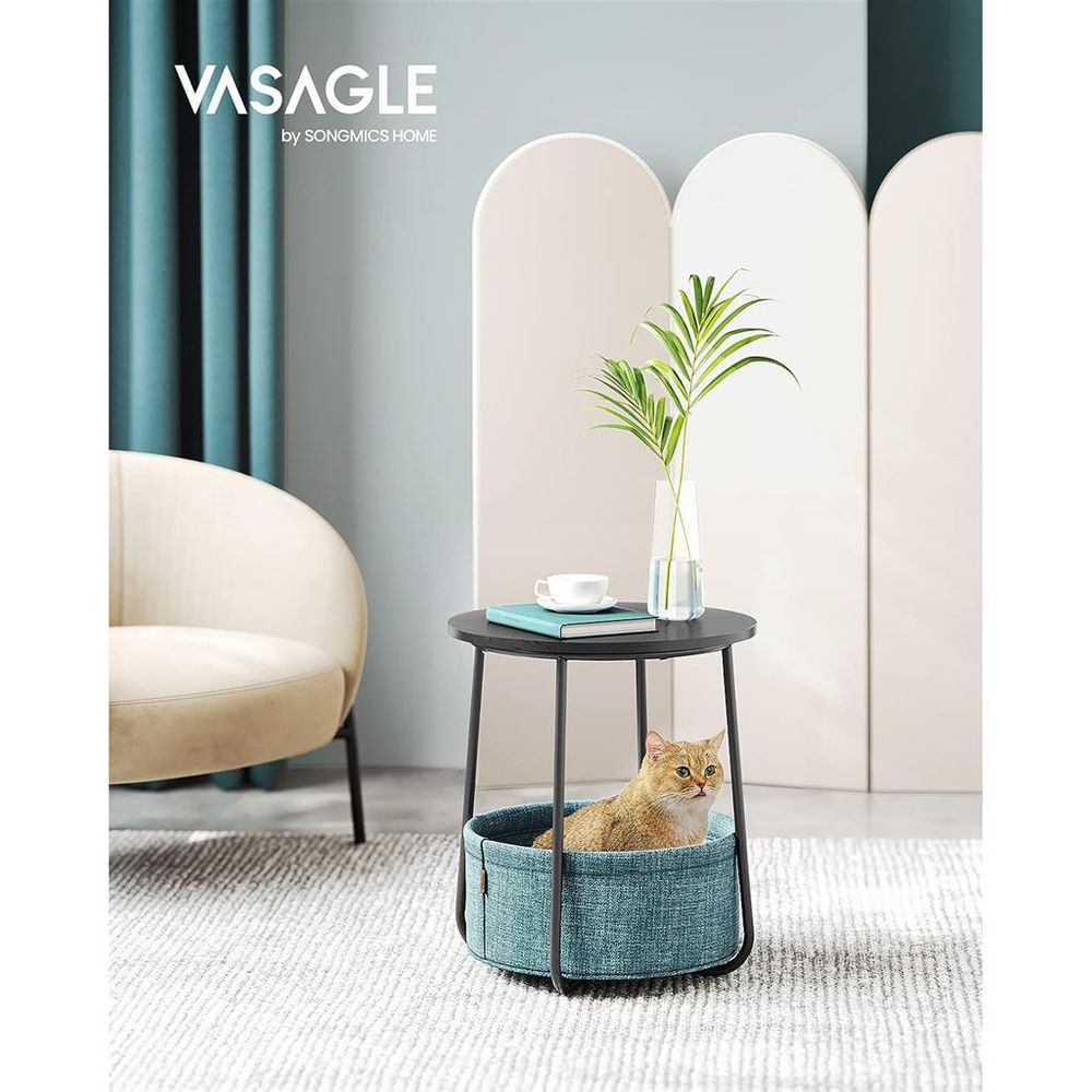 Round Nightstand | Metal Frame Side Table With Fabric Basket