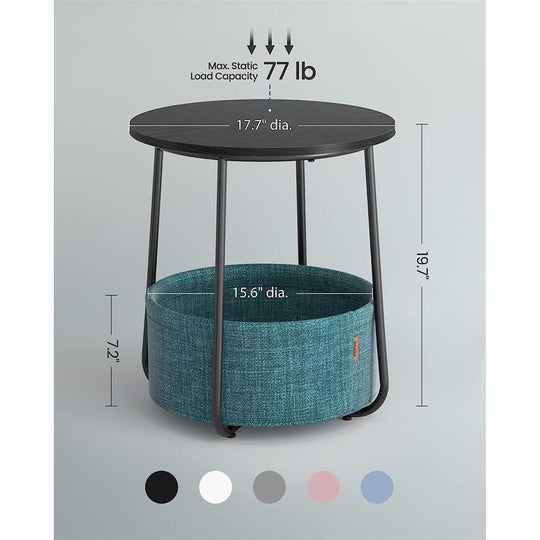 Round Nightstand | Metal Frame Side Table With Fabric Basket
