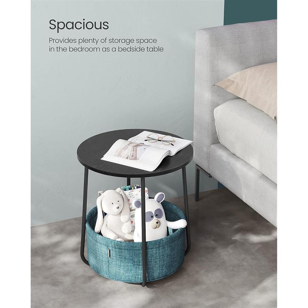 Round Nightstand | Metal Frame Side Table With Fabric Basket