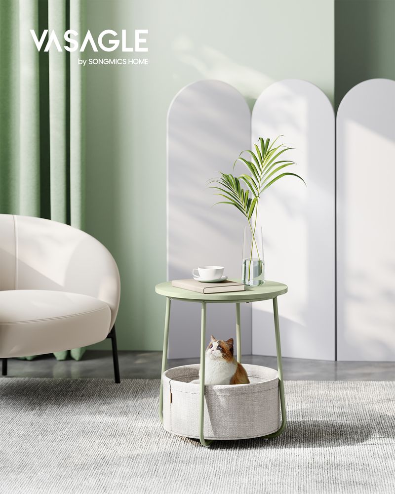 Round Nightstand | Metal Frame Side Table With Fabric Basket