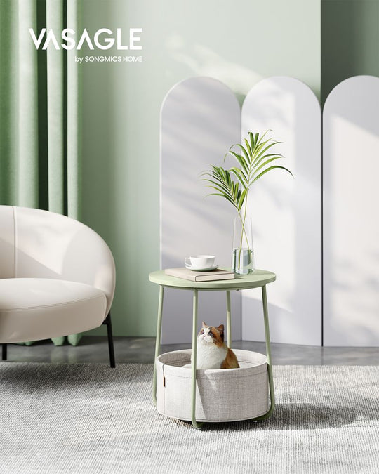 Round Nightstand | Metal Frame Side Table With Fabric Basket