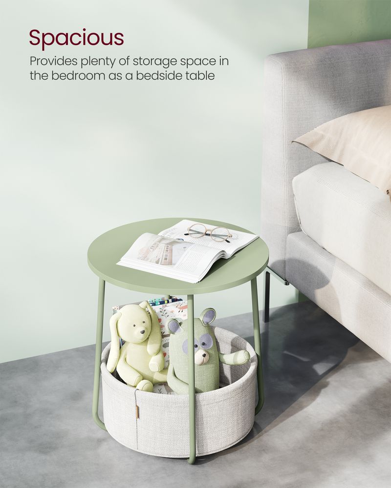 Round Nightstand | Metal Frame Side Table With Fabric Basket