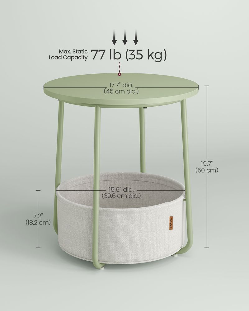 Round Nightstand | Metal Frame Side Table With Fabric Basket