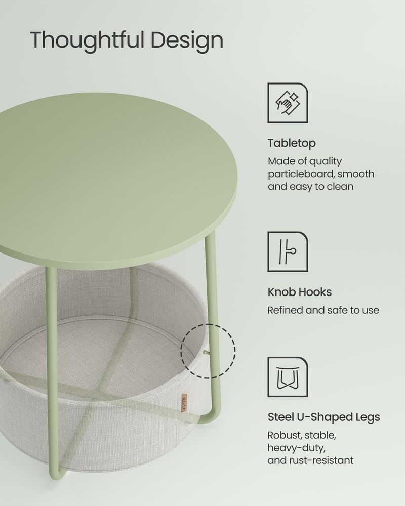 Round Nightstand | Metal Frame Side Table With Fabric Basket