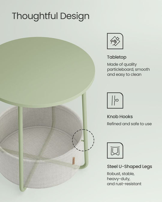 Round Nightstand | Metal Frame Side Table With Fabric Basket