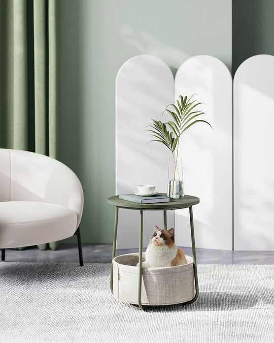 Round Nightstand | Metal Frame Side Table With Fabric Basket
