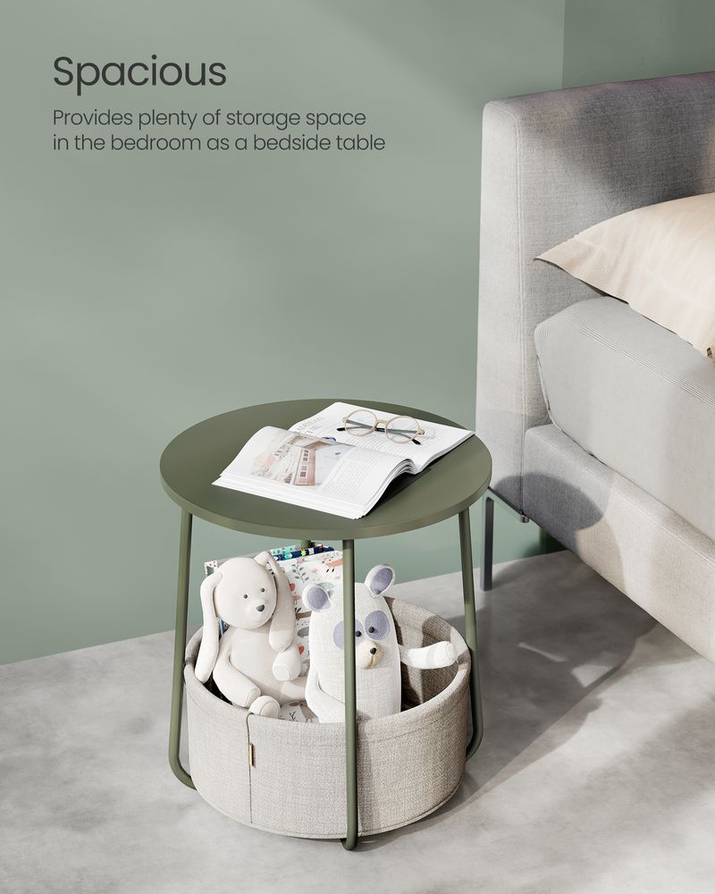 Round Nightstand | Metal Frame Side Table With Fabric Basket