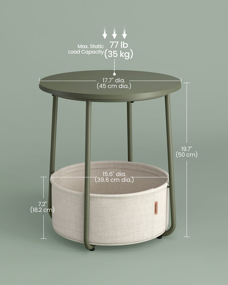 Round Nightstand | Metal Frame Side Table With Fabric Basket