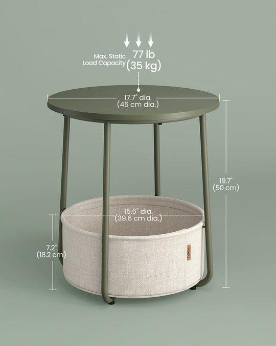 Round Nightstand | Metal Frame Side Table With Fabric Basket