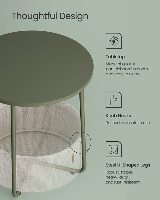 Round Nightstand | Metal Frame Side Table With Fabric Basket