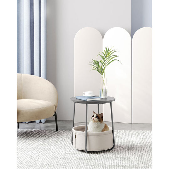 Round Nightstand | Metal Frame Side Table With Fabric Basket