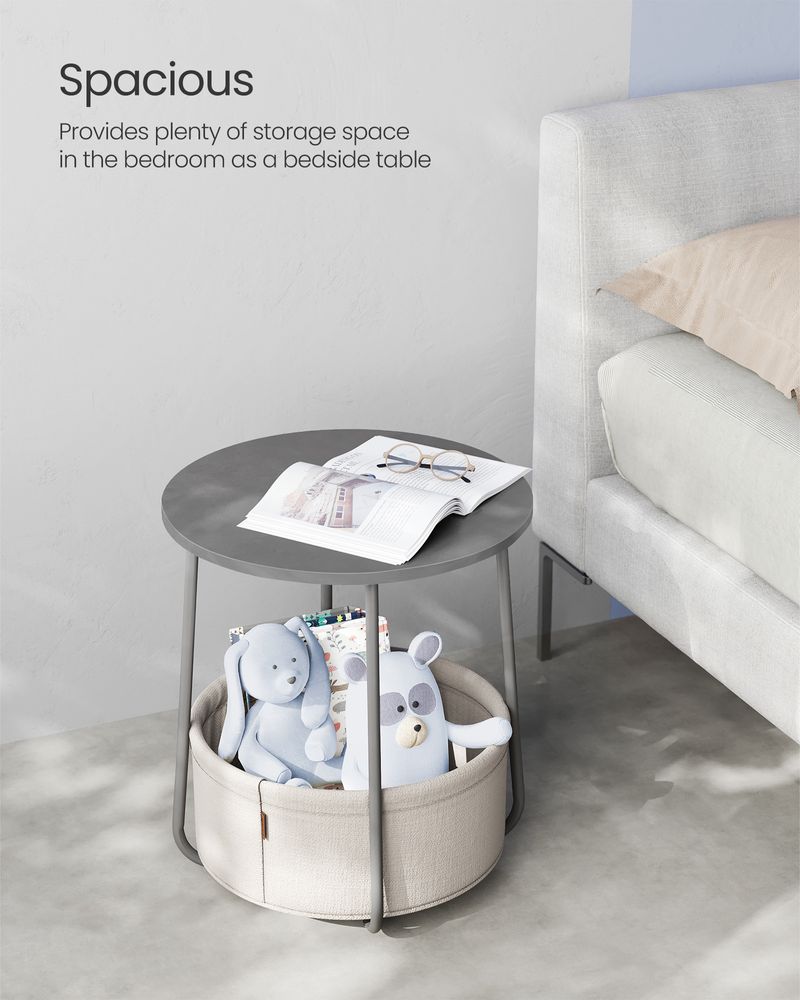 Round Nightstand | Metal Frame Side Table With Fabric Basket