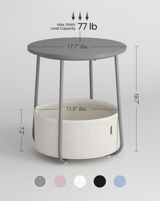 Round Nightstand | Metal Frame Side Table With Fabric Basket