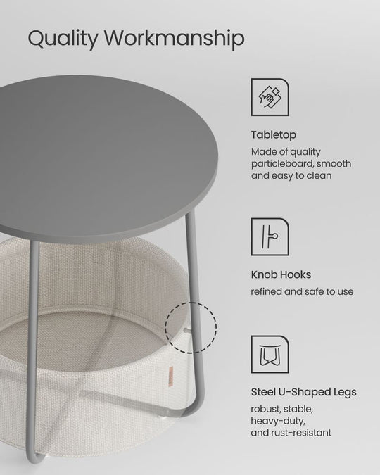 Round Nightstand | Metal Frame Side Table With Fabric Basket