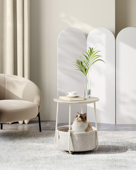 Round Nightstand | Metal Frame Side Table With Fabric Basket