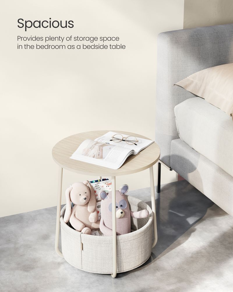 Round Nightstand | Metal Frame Side Table With Fabric Basket