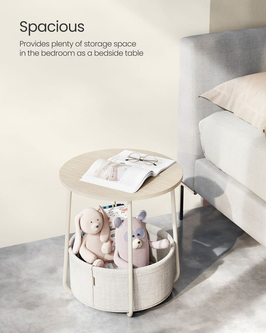 Round Nightstand | Metal Frame Side Table With Fabric Basket