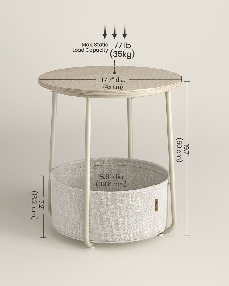 Round Nightstand | Metal Frame Side Table With Fabric Basket