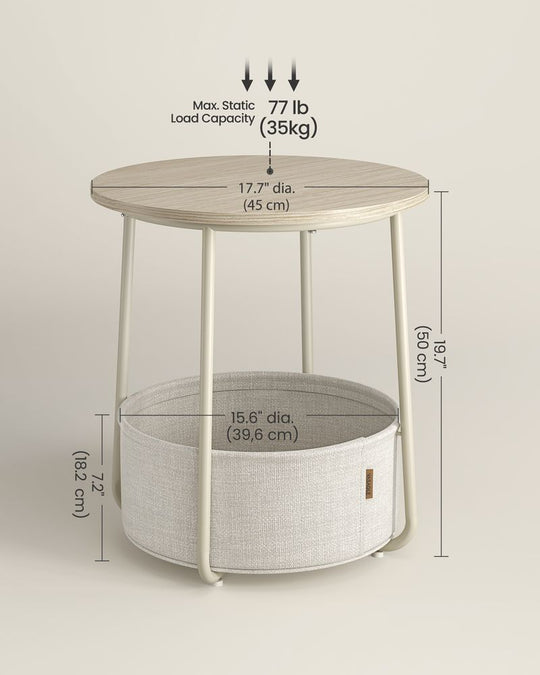 Round Nightstand | Metal Frame Side Table With Fabric Basket