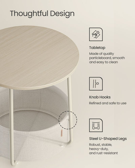Round Nightstand | Metal Frame Side Table With Fabric Basket